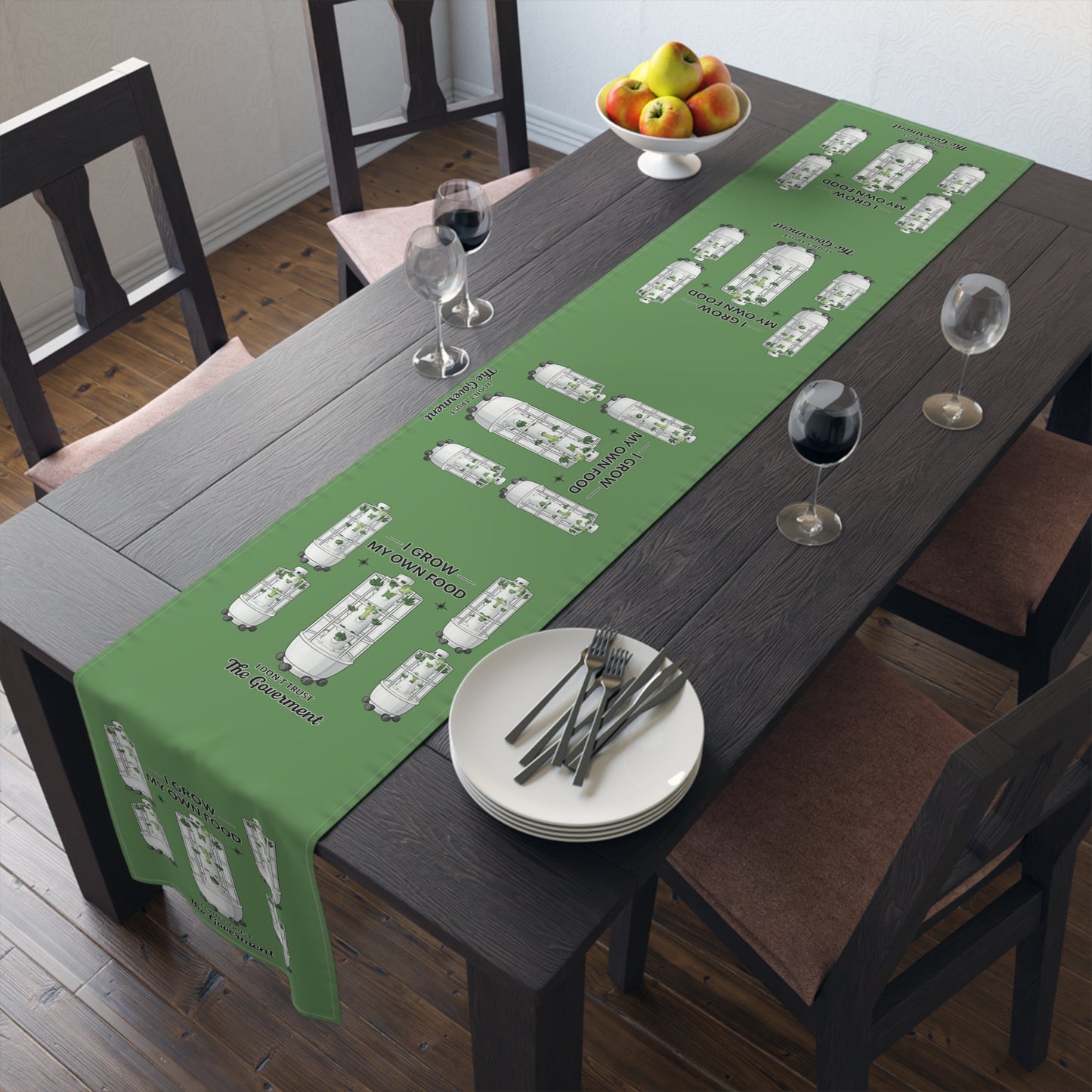 Green Botanical Table Runner — 'I Grow My Own Food' Garden Design